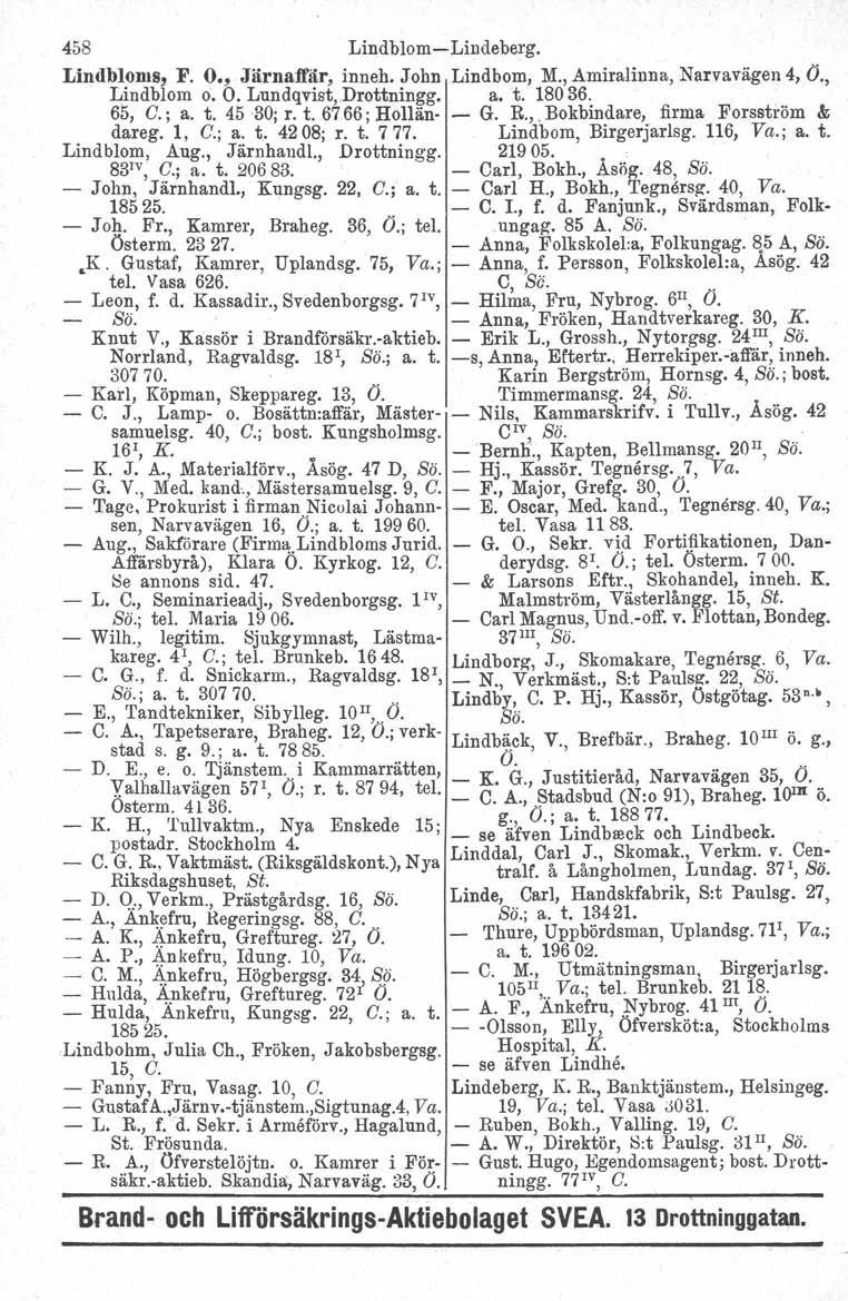 458 Lindblom-Lindeberg. Lindbloms, F. O., Järnaffär, inneh. John Lindbom, M., AmiraJinna, Narvavägen 4, O., Lindblom O. O. Lundqvist, Drottningg, a. t. 18036. 65, C.; a. t. 45 30j r. t. 6766 j Hollän- - G.