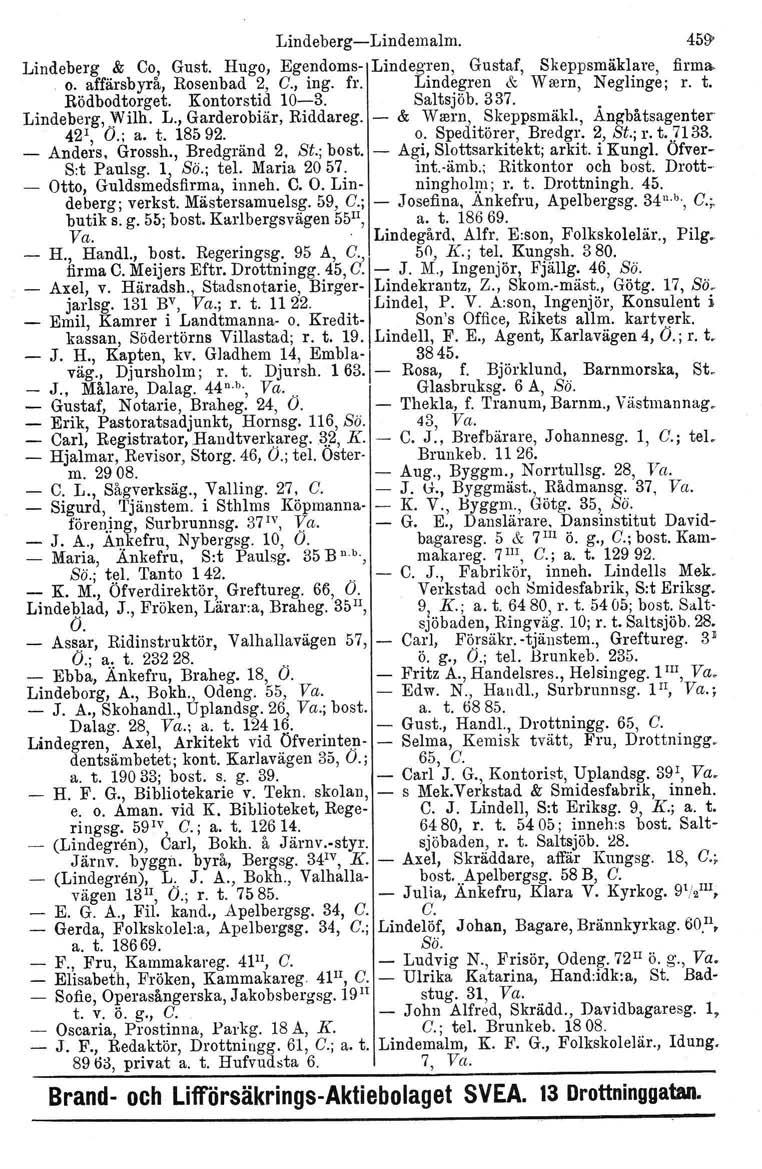 Lindeberg-Lindemalm. 459- Lindeberg & Co, Gust. Hugo, Egendoms- Lindegren, Gustaf, Skeppsmäklare firma. o. affärsbyrå, Rosenbad 2, C., ing. fr. Lindegren & Wrern, Negling~; r. t. Rödbodtorget.