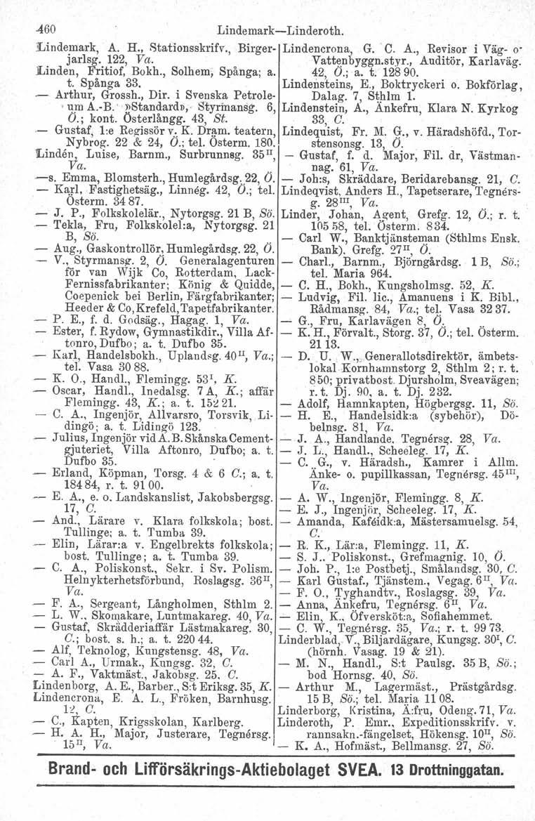 460 Lindemark-Linderoth. Lindemark, A. H., Stationsskrifv., Birger- Lindencrona, G. C. A., Revisor i Väg- o' jarlsg. 122, Va. Vattenbyggn.styr., Auditör, Karlaväg. Linden, Fritiof, Bokh.