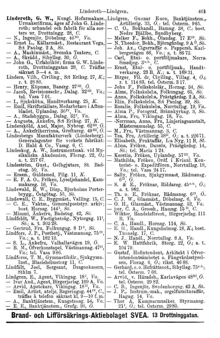 Linderoth--Lindgren. 461 Linderoth~ G. W., Kungl. Hofurmakare. Liudgren, Gunnar E:son, Banktjänstern -r Urmakerifirma, äges af John G. Linde- Artillerig. 33, Ö.: tel. Osterm. 965.