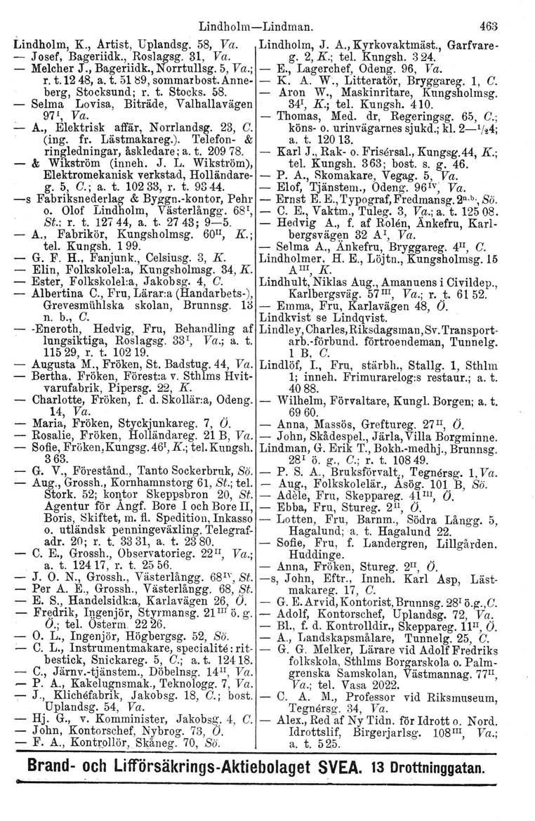Lindholm-Lindman. 463 Lindholm, K., Artist, Uplandsg. 58, Va. Lindholm, J. A., Kyrkovaktmäst., Garfvare - - Josef, Bageriidk., Roslagsg. 31, Va. g. 2, K.; tel. Kungsh. 324. - Melcher J., Bageriidk., Norrtullag.