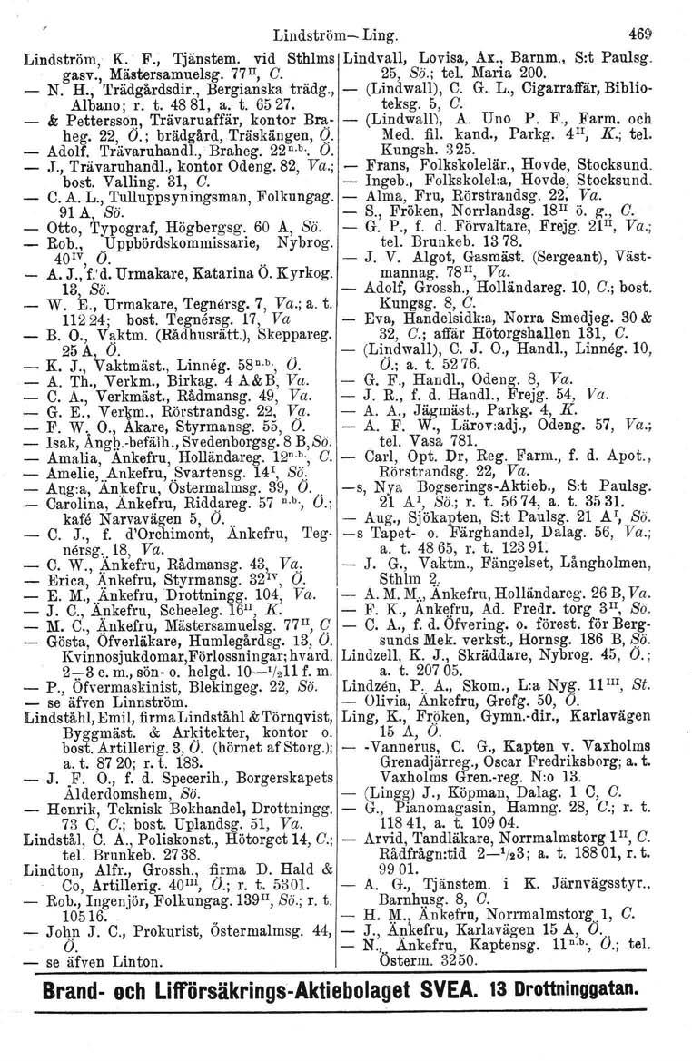 Lindström- Ling. 469 Lindström, K. F., Tjänstem. vid Sthlms Lindvall, Lovisa, sx., Barnm., S:t Paulsg. gasv., Mästersamuelsg. 77 II, C. 25, Sä.; tel. Maria 200. - N. H., Trädgårdsdir.