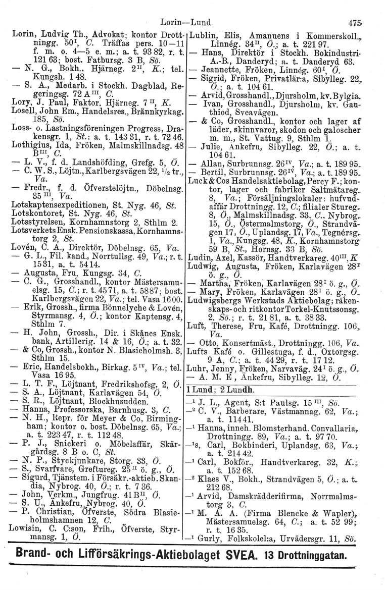 Lorin-Lund 475- Lorin, Ludvig- Th., Advokat; kontor Drott- Lublin, Elis, Amanuens i Kommerskoll., ningg. 50r, G. Träffas pers. 10-11 Linneg. 34II, O..; a. t. 22197. f. m. o. 4-5 e. m.: a. t. 93 82, r.