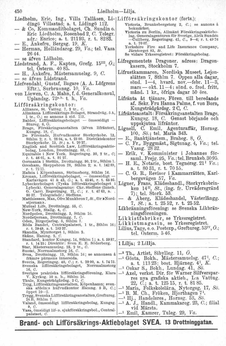 kr 450 Liedholm-Lilja. Liedholm, Eric, Ing., Villa Tallåsen, Li- Li ff'ö r s å in gs k o n t or (forts.): dingö Villastad; a. t. Lidingö 112. Victoria, Brunkebergstorg 2, C.