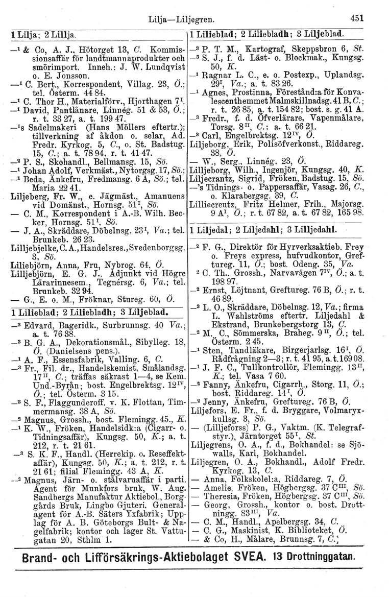 Lilja-Liljegren. 451 fltij3.;2l1hta: 1 Lilieblad; 2 Liliebladh; 3 Liljeblad. _1 & Co, A. J.. Hötorget 13, C. Kommis- _3 P. T. M., Kartograf, Skeppsbron 6, St.