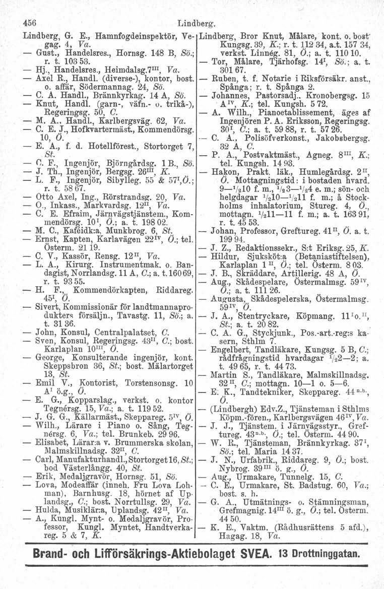 456 Lindberg. Lindberg, G. E., Hamnfogdeinspektör, Ve- Lindberg, Bror Knut, Målare, kont. o. bost gag. 4, Va. Kungsg.39, K.; r. t. 1.1234, a.t. 157 34, - Gust., Handelsres., Hornsg. 148 B, Sö.