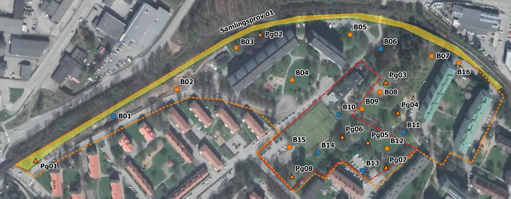 Bilaga 5 Page 5 of 10 PROVTAGNINGSPLAN FÖR DETALJPLAN NORRBY, GARVAREN 15 M.FL., KRONÄNGSPARKEN, BORÅS 5 Figur 4. Provtagningspunkter. Orange prick avser plats för skruvprovtagning.
