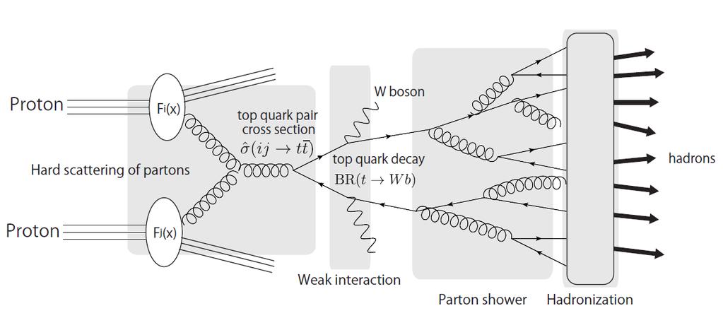sea quarks and gluons as well. The other quarks in hadrons which do not participate in this process, will also hadronise into other hadrons to make the background particles. In Fig.