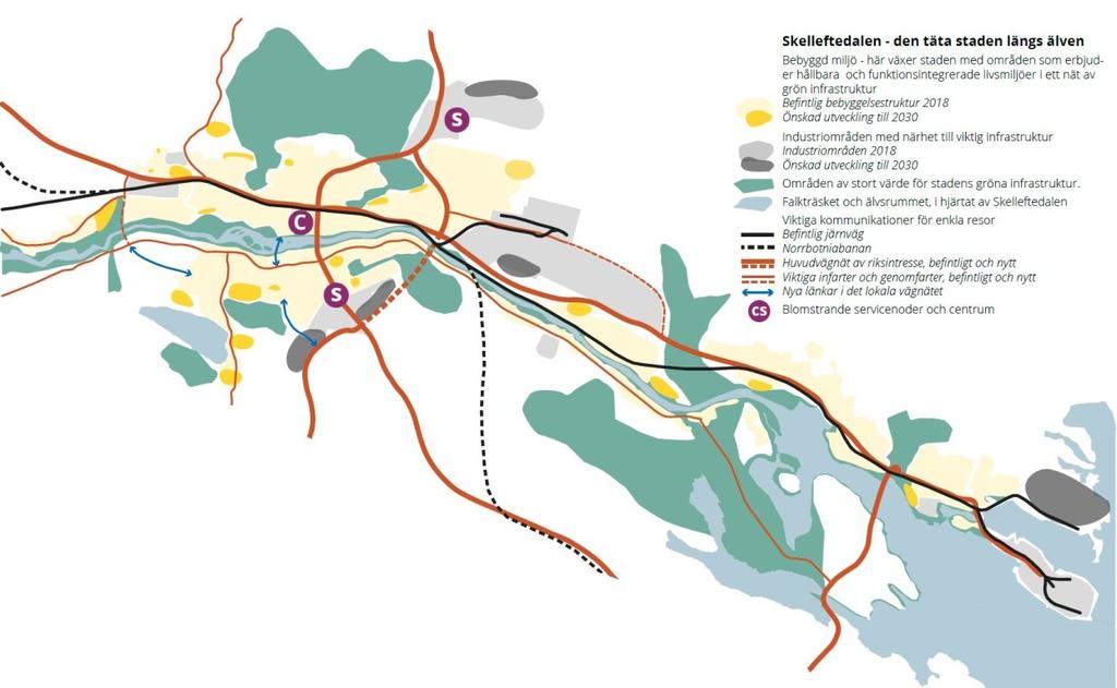 Målbild för Fördjupad översiktsplan för Skelleftedalen 2030. I målbilden ovan redovisas även framtida länkar i vägnätet med planerat genomförande efter år 2030.