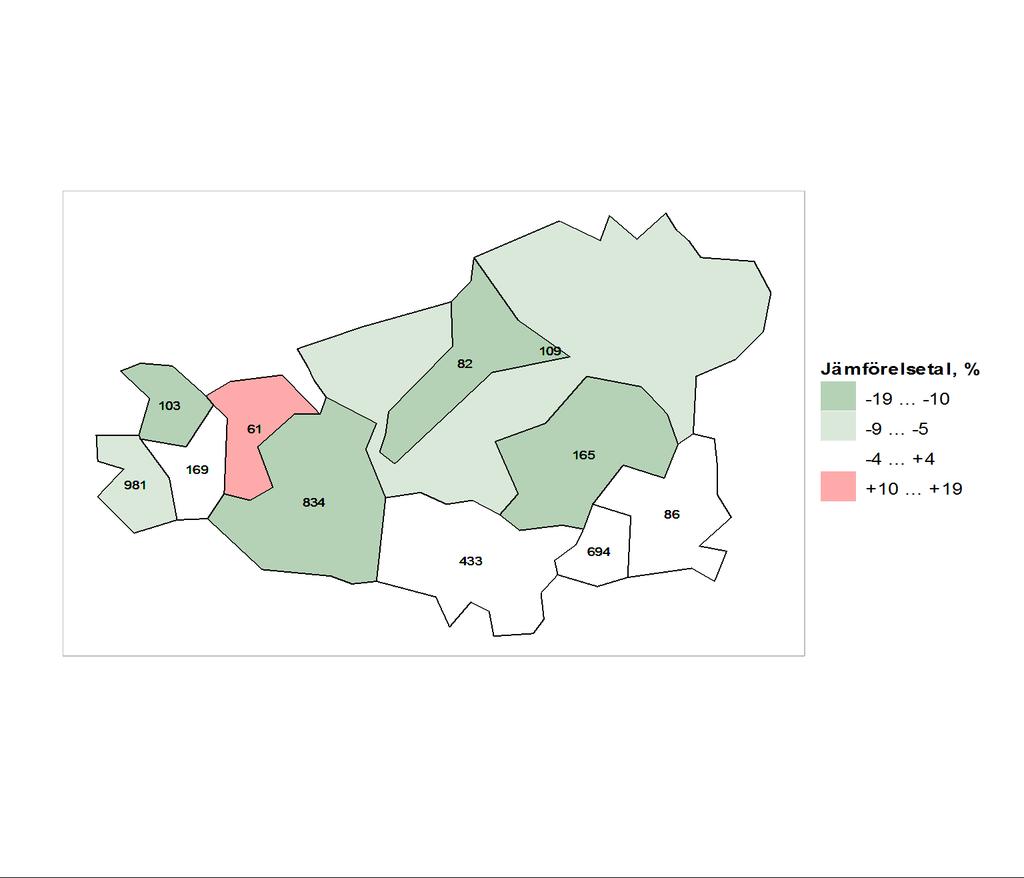 Karta 1. Vårdperioderna på grund av skador och förgiftningar i kommunerna i området jämfört med hela landet 2009 2013. Karta: Lantmäteriverkets översiktskarta 1:4 500 000, 2011.