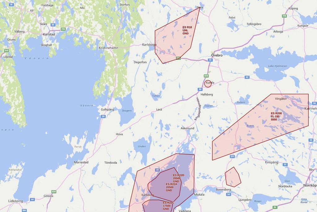 V e r. r e v Figur 6: Exempel på restriktionsområden (rött) i området runt Örebro som permanent eller temporärt begränsar tillgängligheten till luftrummet (LFV).