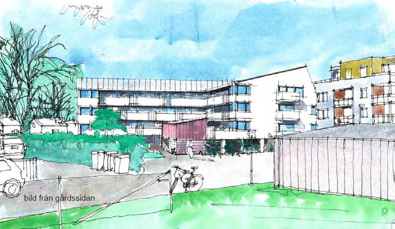 Illustration av hur föreslagen bebyggelse skulle kunna se ut sett från parkeringen
