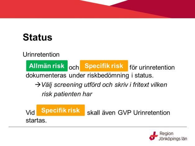 Under riskbedömning i status dokumenteras även om allmän eller specifik risk för urinretention föreligger.