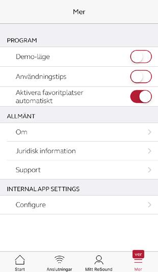 Om du har valt att aktivera Optimera MFi anslutning i menyn Mer kommer appen endast att känna av var hörapparaterna fanns när appen senast var aktiv.