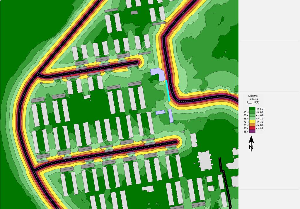 Halmstads kommun Trafikbullerutredning 2018 Detaljplan Vallås och Vallonen Bullerspridningsberäkning Med 2,0 m hög bullerskärm Maximal ljudtrycksnivå db(a),