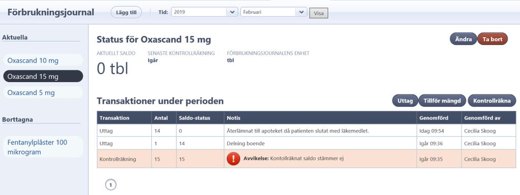 Avslutade förbrukningsjournaler går att återanvända genom att du återaktualiserar dem. 1. Ta bort insatsen från signeringslistan. 2.