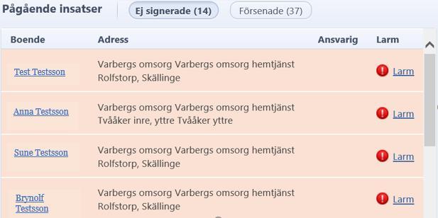 1. Klicka på rutan för ej signerade respektive försenade. 2. Klicka på texten larm med rött utropstecken efter patientens namn. Du hamnar nu i patientens larmflik. 3.