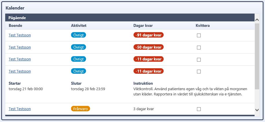 Frånvaro/övrigt i översikten Frånvaro och övrigt visar sig i översikten (om du bockat i att den ska visa sig). Det är endast den huvudadress patienten ligger sparad mot som ser dessa uppgifter.