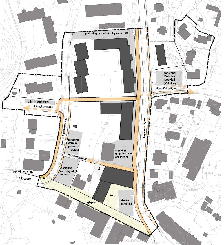 Planförslag och konsekvenser Gång och cykelvägen längs den västra sidan av Augerumsvägen som idag är gemensam för gående och cyklister med en bredd på 2-3 meter föreslås breddas till 2,5 m cykelväg