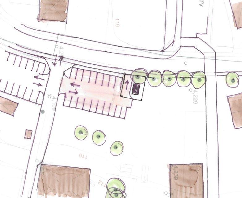 Bild 44. Illustration över föreslagen ny transformatorstation och utformning av parkering där yta för åtkomst av transformatorstationen samordnas med en enkelriktad utfart.