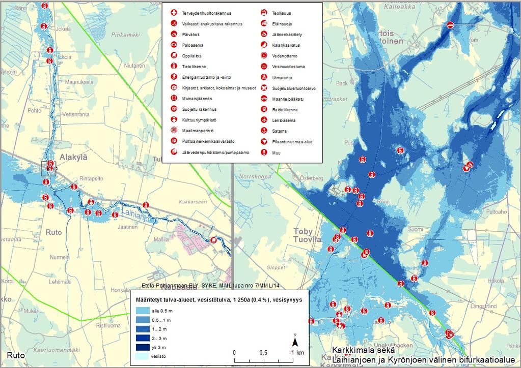 Bild 1. Karta över översvämningsrisker inom tätorten Laihela samt och bifurkationsområdet mellan Toby-Laihela å och Kyro älv, som återkommer i genomsnitt en gång på 250 år.
