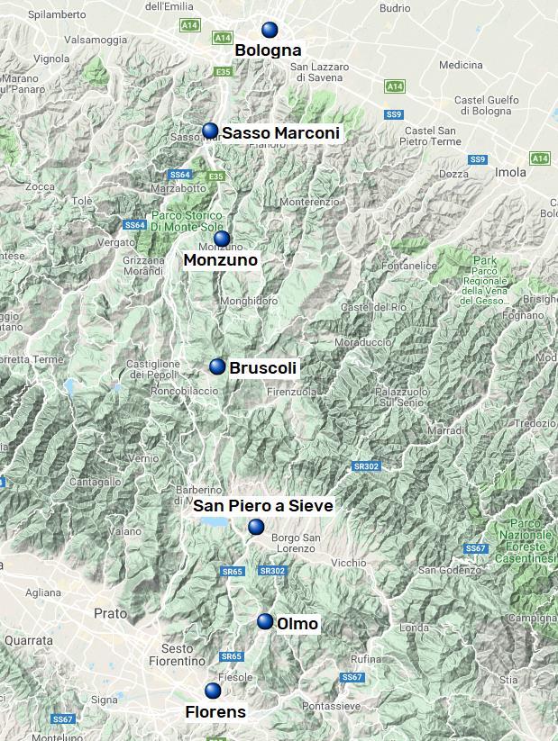 Via degli Dei, Bologna Florens, 7 nätter 7(8) Via degli Dei Från Fiesole till Felsina gick etruskerna över minst fyra århundraden (År 700 400 f.kr.). De vandrade denna väg för att kunna utveckla sin handel och utvidga sitt område i Po-dalen.