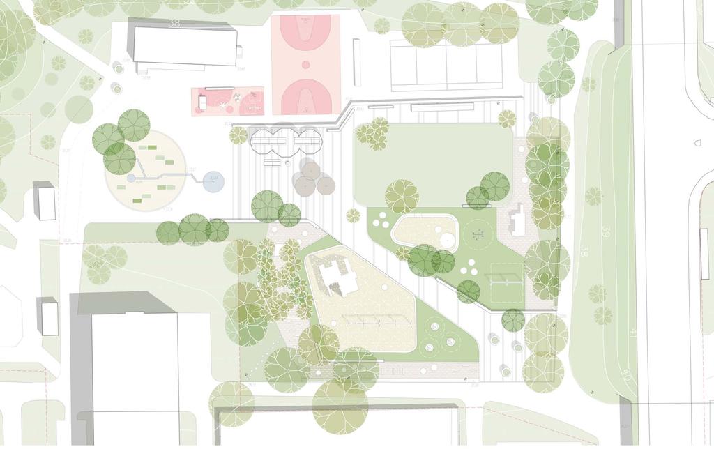 Illustrationsplan Befintligt bullerplank utökas något Blomsterurnor Befintlig basketplan Befintlig tennisplan B Pingisbord Utegym Bänkar Solsoffor Blomsterurnor Skärmtak Odlingslådor Vattenränna