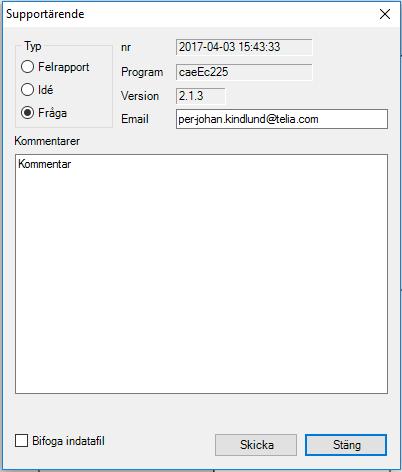 caeec225 Skev böjning Sidan 18(19) 3.5 Hjälp Under Hjälp i menyn finner du en kortare beskrivning Om programmet caeec225 Pelare Betong. 3.5.1 Ärende För Ärende till Eurocode Software AB som kan gälla felrapport, idé eller någon fråga som uppkommer när du arbetar med caeec225.