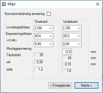 caeec225 Skev böjning Sidan 7(19) 3.2.2 Miljö Genom trycka bredvidd Täckskikt mht korrosion kan du matas miljön som armeringsjärnen utsätts för, se Fel! Hittar inte referenskälla.. Figur 4. Miljö 3.2.3 Parametrar Genom att klicka på Nästa kommer du vidare till dialogrutan för Parametrar (det går alltid att gå tillbaka till föregående dialogruta genom att klicka på Föregående), se Figur 5.