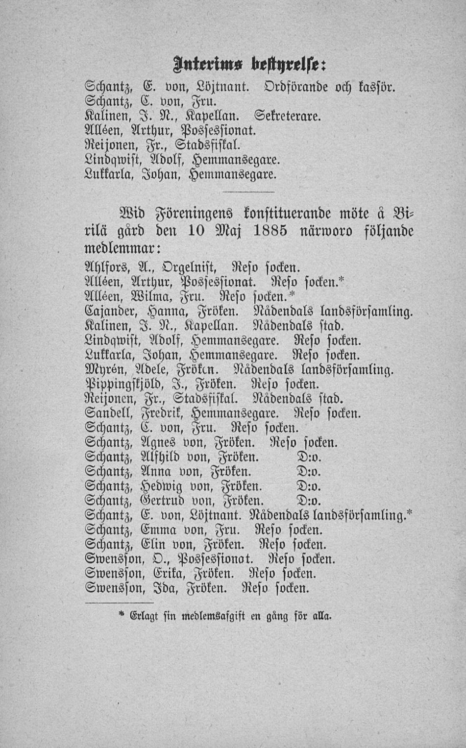 Antertms bestyrelse: Schllntz, E. von, Löjtnant. Ordförande och kassör. Schantz, C. von, Fru. Kalinen, I. N., Kapellan. Sekreterare. ANen, Arthur, Possessionat. Reijonen, Fr., Stadsfiskal.