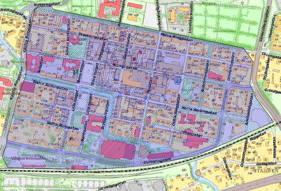 Alingsås stadskärna Stadskärnan avser markerat område inom: Västra Ringgatans östra sida, Norra