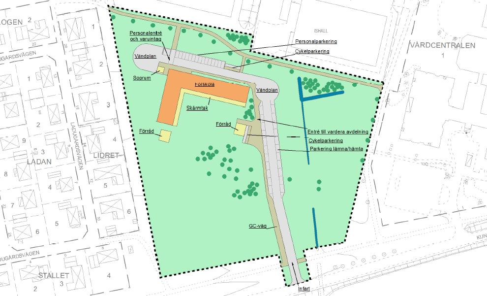 Förskolan exponeras främst för vägtrafikbuller från Kungsringen söder om planområdet. Norr om området finns Centralvallen idrottsplats med fotbollsplaner.