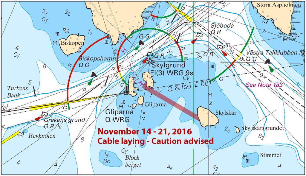 2016-10-20 10 Nr 621 Tid: 14-21 november 2016 Sjökabelläggning pågår i det i sjökortsbilden angivna området. Arbetet leds från fartyget 'Sea Truck Emil/SHVP' vilket passar VHF kanal 16/68.