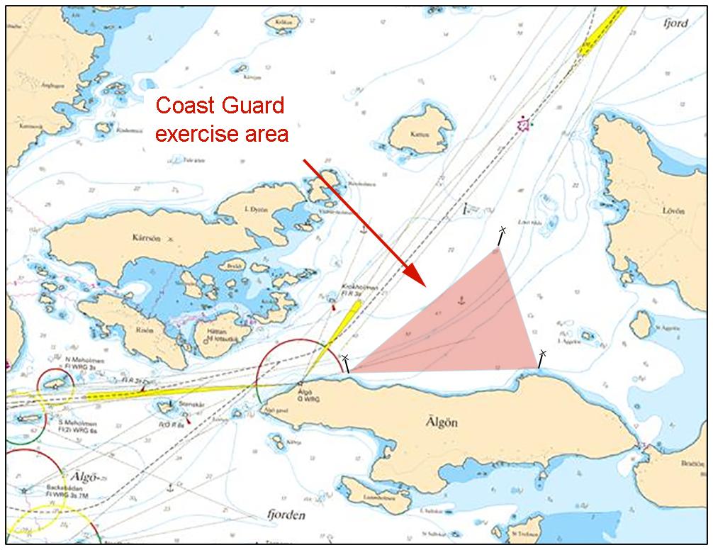 2016-10-20 11 Nr 621 Tid: 7-13 november och 5-11 december, 2016 Under v45 och v49 kommer Kustbevakningen att genomföra övning i området norr om Älgön.