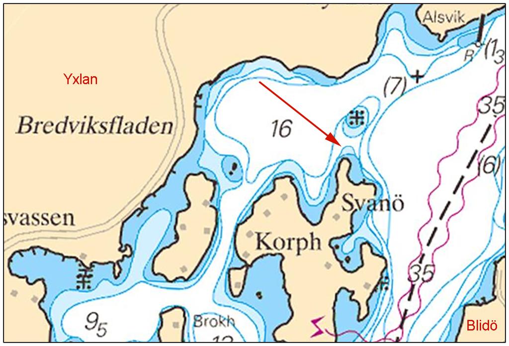 Sjökort: 612 Ett område med mindre djup än vad som tidigare redovisats har hittats i samband med en sjömätning.