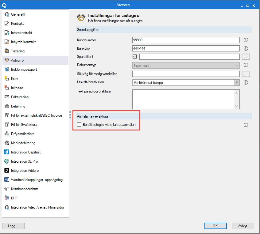 Nyhetsdokument Vitec Hyra - Version 1.71 maj 2019 Behåll autogiro vid e-fakturaanmälan Det finns en inställning som man kan slå på om man vill behålla autogirot vid en e-fakturaanmälan.