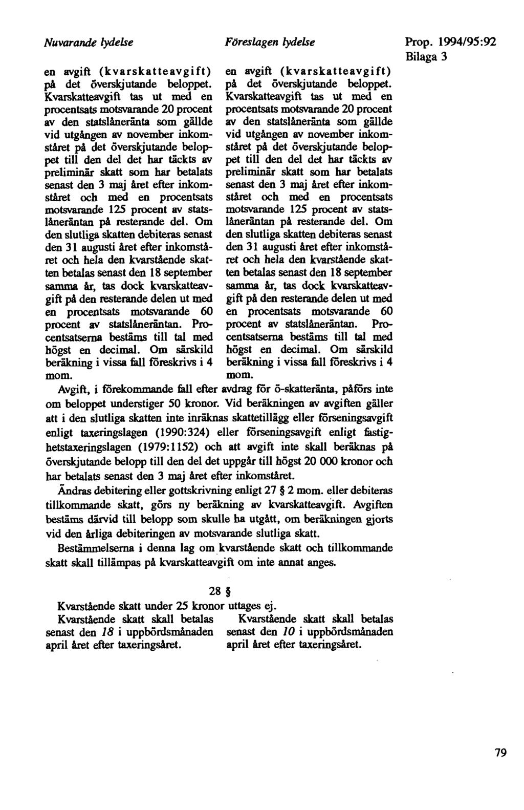 Nuvarande lydelse Föreslagen lydelse en avgift (kvarskatteavgift) en avgift (kvarskatteavgift) pa det överskjutande beloppet. på det överskjutande beloppet.