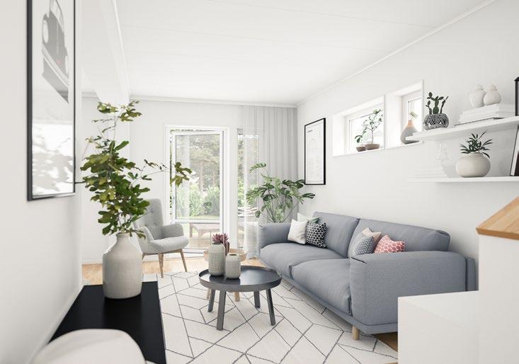 Öppen planlösning mellan kök och vardagsrum bjuder in till trevligt umgänge och från vardagsrumsdelen kliver du också ut på den stora, härliga uteplatsen med trädäck.