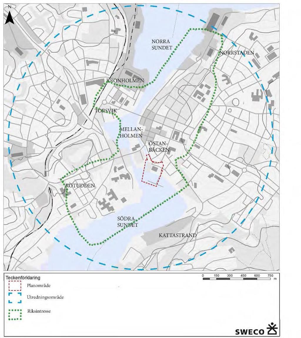 12 Riksintresset Härnösands utbredning har i detaljplanens miljökonsekvensbeskrivning redovisats på följande karta med punktprickad grön linje. 11.