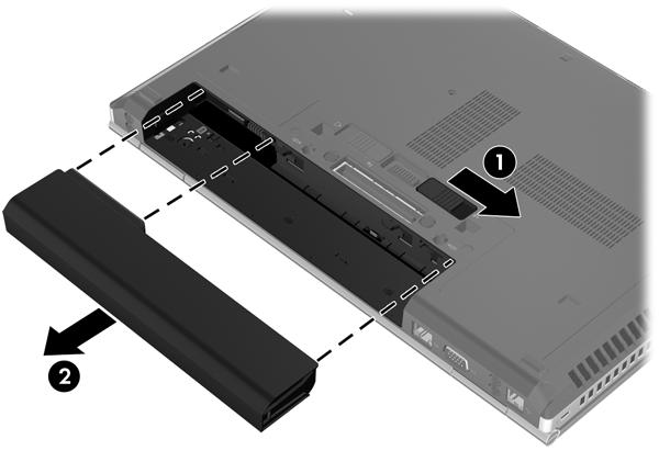 Så här tar du ut batteriet: VIKTIGT: När du tar ut ett batteri som är datorns enda strömkälla kan information gå förlorad.