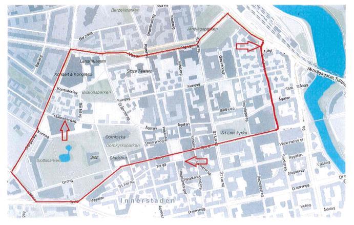 Bilaga 7: Körriktning för studentkortegen 2019 29 Observera att kortegeslingan, rödstreckad på kartan nedan, är enkelriktad färdriktning endast enligt pilarna.