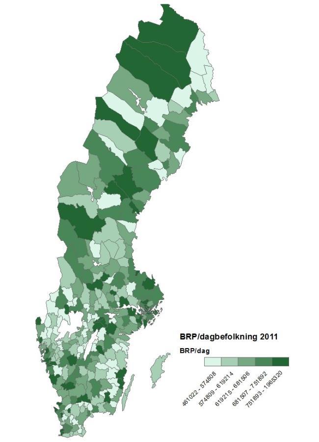 Kartan till vänster visar produktionsvärden per dag per dagbefolkning (2011). Ser den urbant driven ut?