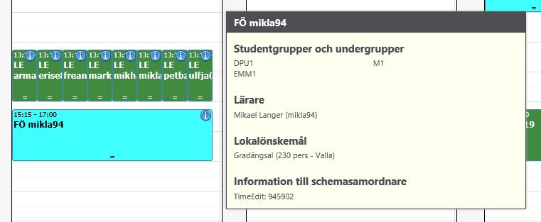 4. SAMMANSTÄLL/SLUTFÖR Figur 14, Inforutan kommer upp när du håller musen över i:et i hörnet på ett moment. Detta (se Figur 15) är sidan som schemasamordnarna ser när de ska lägga schemat.