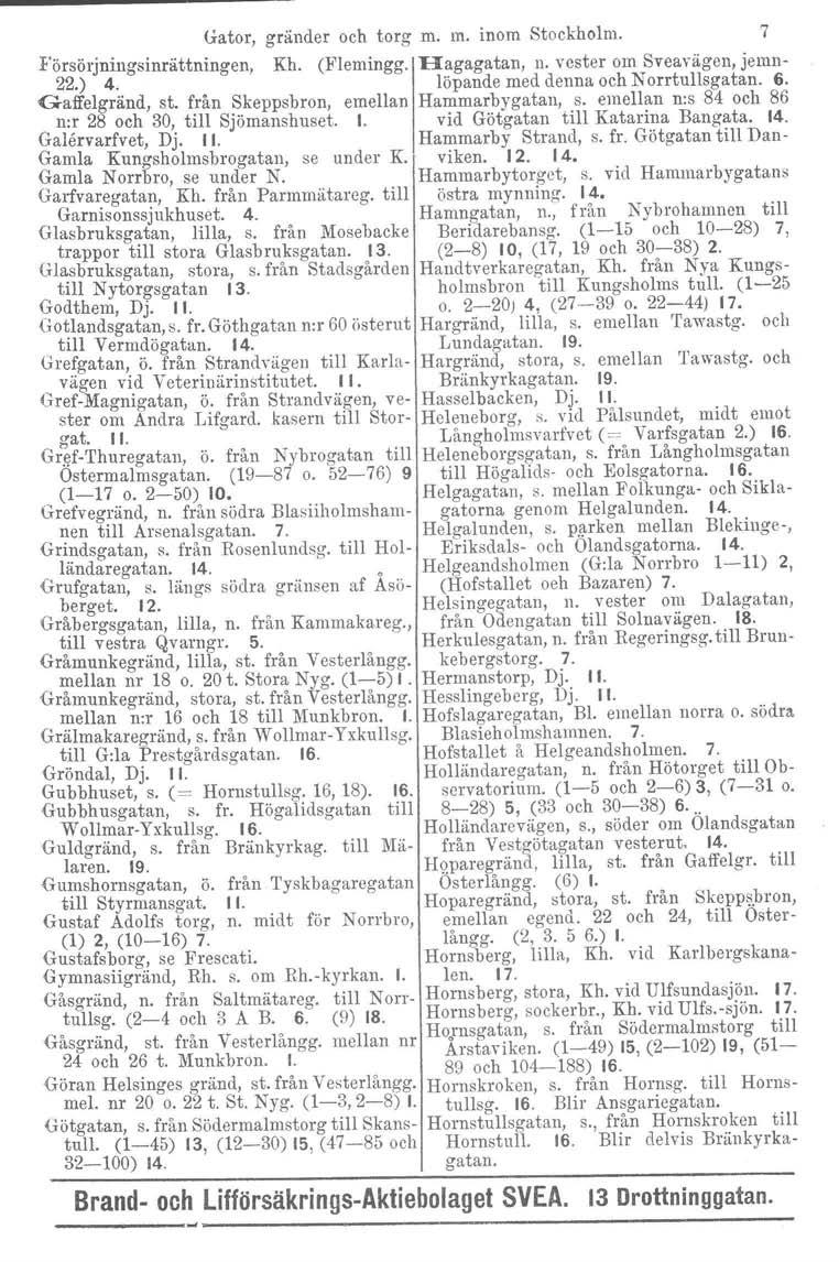 Gator, gränder och torg m. m. inom Stockholm. 7 Försörjningsinrättningen, Kh. (Flemingg. Hagagatan, n. vester om Sveavägen, jemn- 22.) 4. löpande med denna och Norrtullsgatan. 6. Gaffelgränd, st.