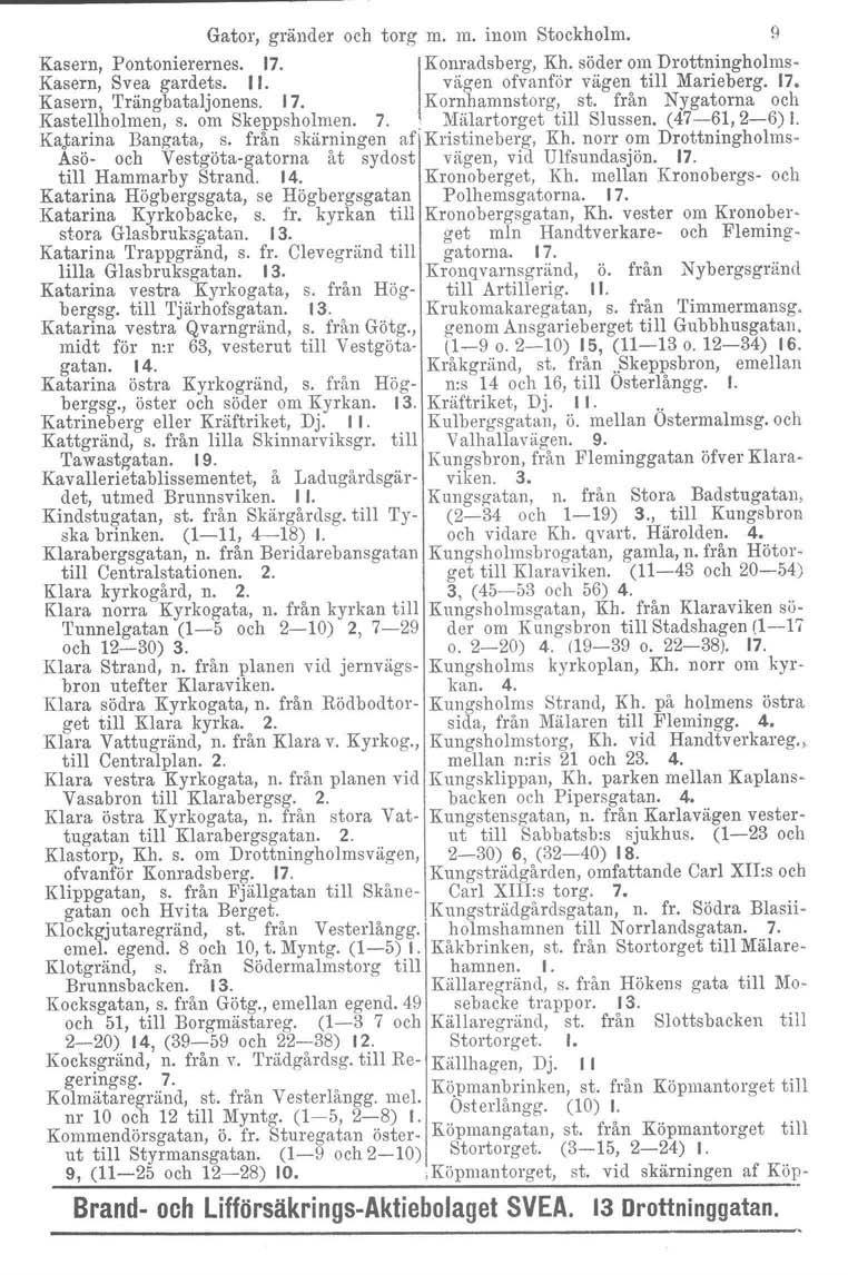 Gator, gränder och torg m. m. inom Stockholm. 9 Kasern, Pontonierernes, 17. IKonradsberg, Kh. söder om Drottningholms- Kasern, Svea gardets. II. vägen ofvanför vägen till Marieberg. 17. Kasern, Trängbataljonens.