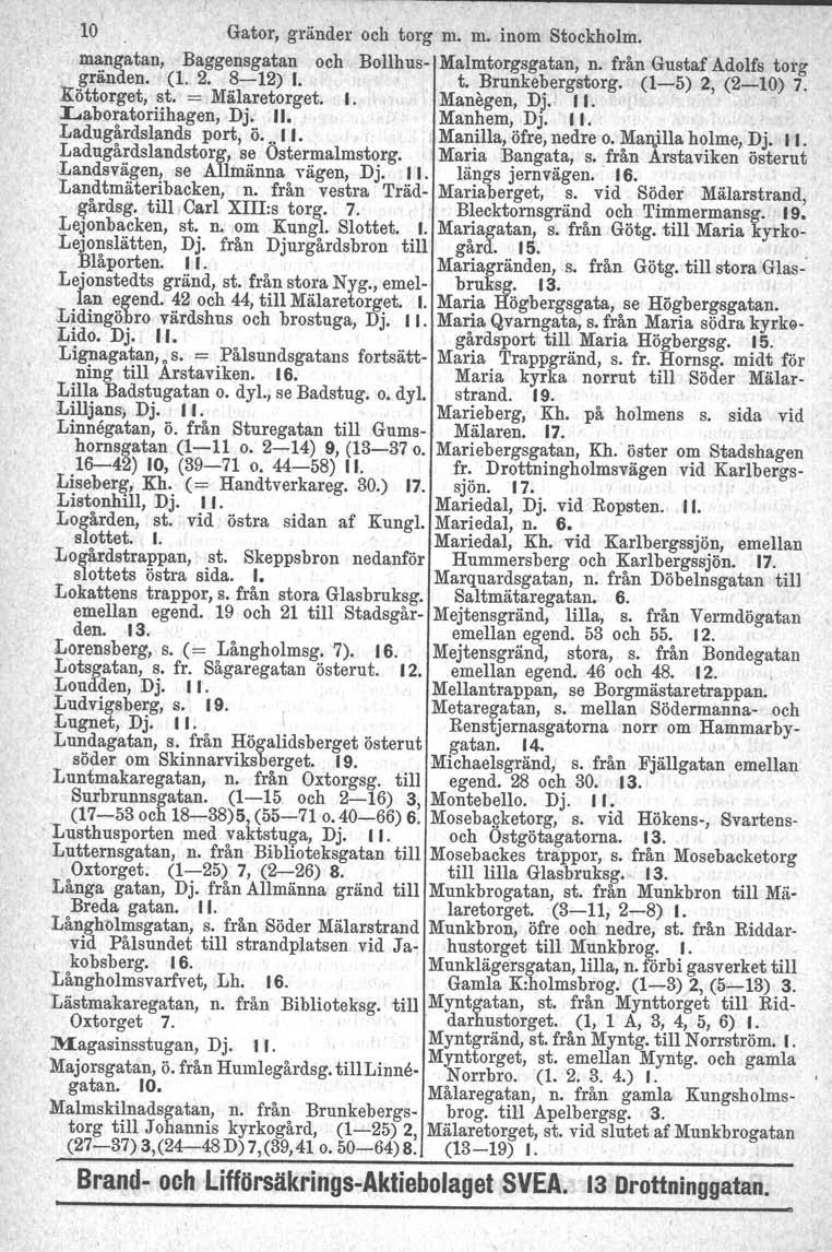 o lan 10 Gator, gränder och torg m. m. inom Stockholm. mangatan, Baggensgatan och Bollhus- Malmtorgsgatan, n. från Gustaf 4.dolfs torg gränden. (1. 2. 8-12) I. t. Brunkebergstorg. (1-5) 2, (2-10) 7.