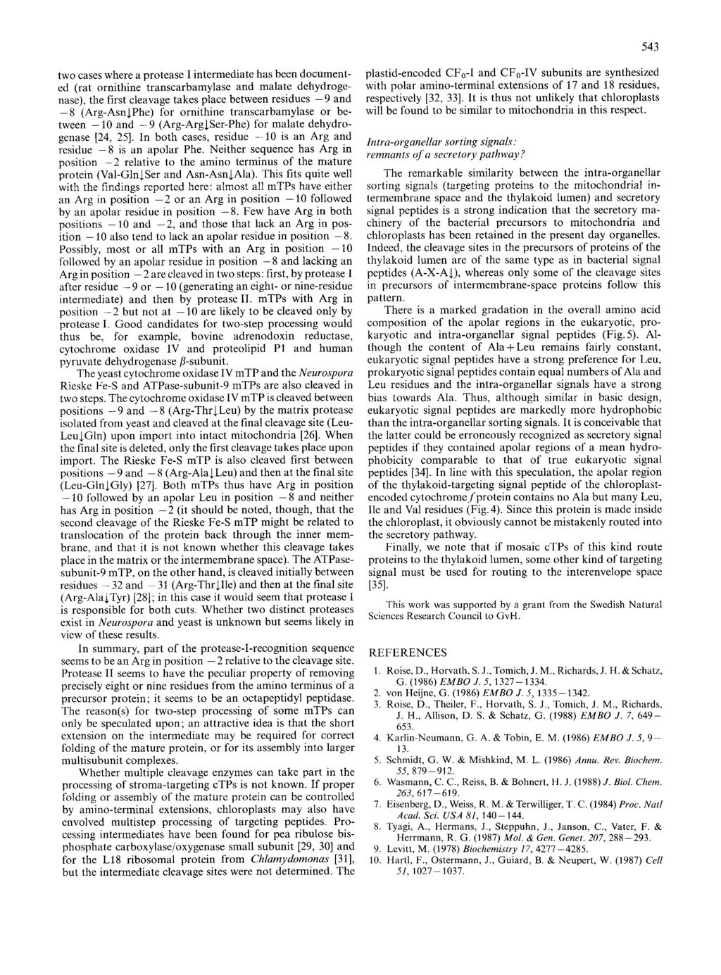543 two cases where a protease I intermediate has been documented (rat ornithine transcarbamylase and malate dehydrogenase), the first cleavage takes place between residues -9 and - 8 (Arg-AsnJPhe)