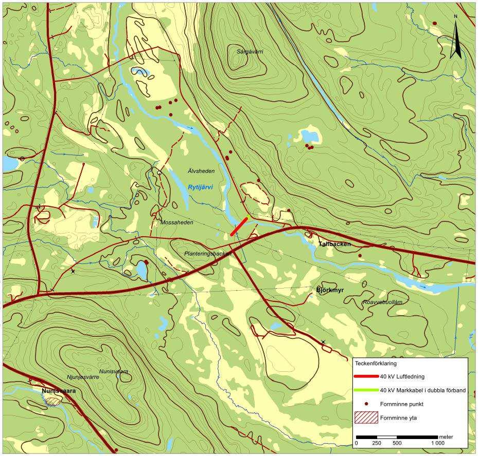 6.8 Kulturmiljö Det finns inga kulturmiljöer, registrerade fornlämningar eller fornminnen inom 100 m från sökt alternativ, vilket illustreras i Figur 12 