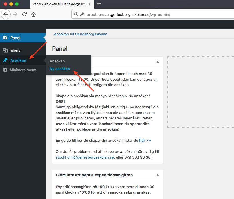 Först visas ansökningsportalens panelsida. Här finns lite instruktioner och information om hur du betalar expeditionsavgiften.