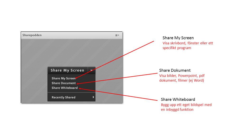 Sharepodden Med hjälp av Sharepodden kan du dela, skärm, dokument (inte alla filformat) och Whiteboard.